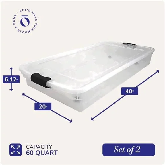 2-Pack Under Bed Storage, Clear Plastic Containers with Lids, 60 Quart Gray